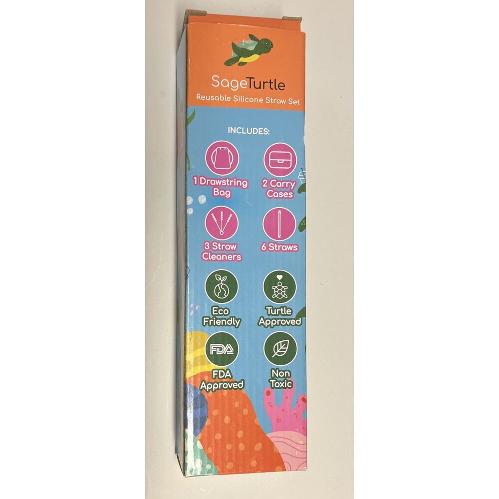 NEW SageTurtle Reusable Silicone Collapsible Drinking Straws Set w/ Case and Bag